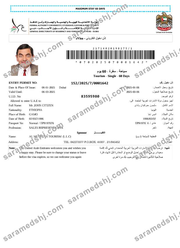 UAE e-visa template in Word and PDF formats, version 8